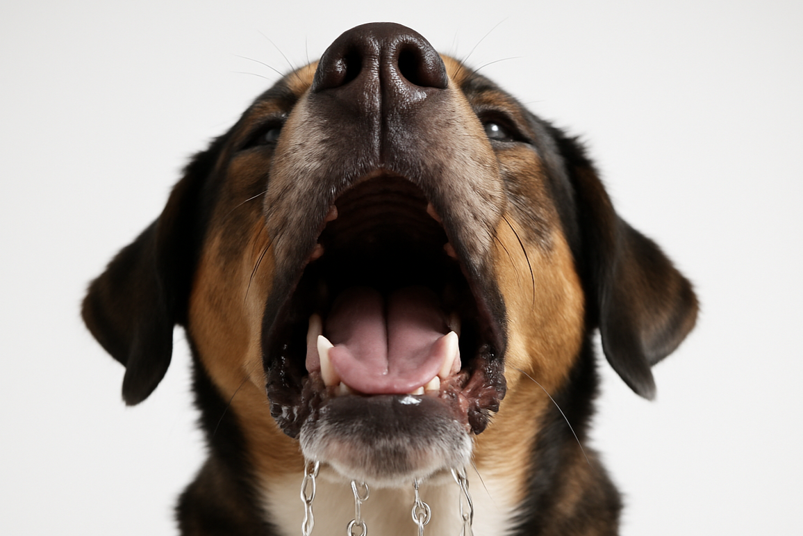 Chien qui bave en buvant de l'eau. Vu d'en dessous, fond blanc, rendu réaliste type studio